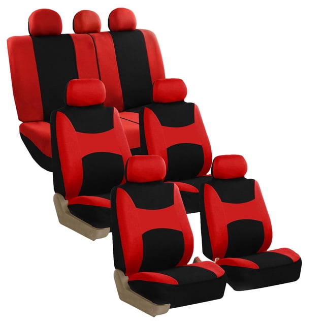 FH Group 3 Row Light & Breezy Car Seat Covers for Auto SUV, 7 Seaters - Full Set. The image displays a vibrant red and black polyester car seat cover set, including 4 front low back bucket covers, 1 rear backrest cover, 1 rear bottom bench cover, and 7 headrest covers. These semi-customized covers feature hook-and-loop straps, airbag compatibility, and 3mm foam padding for comfort and durability. Machine washable for easy maintenance.
