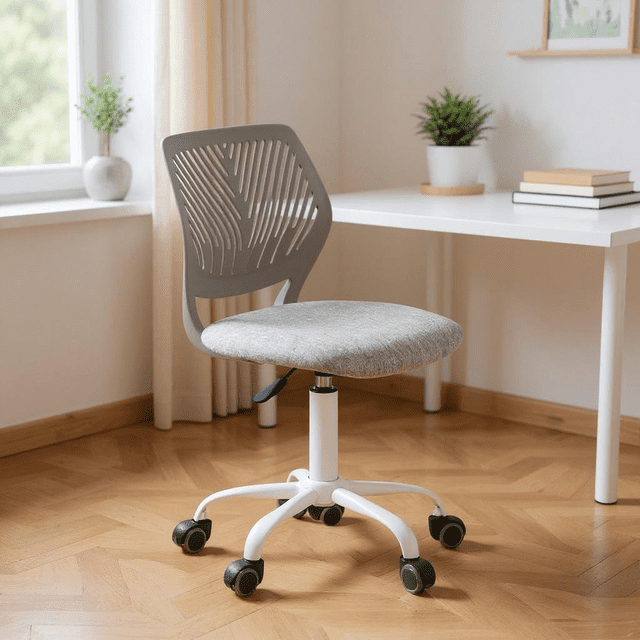 Homy Casa 29.5''-34.2'' Adjustable Swivel Desk Chair, Grey Fabric Seat, White Rolling Base for Home Office