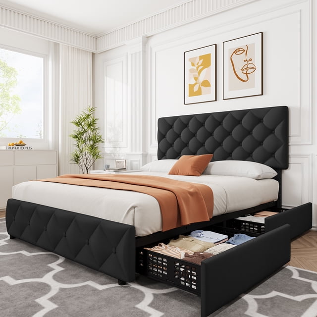 CazToi Queen Size Storage Bed 4 Drawers Adjustable Headboard 1000LB Capacity PU Leather Bed Frame