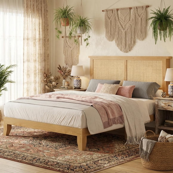 Rattan Bed Frame Full Size with Natural Rattan Headboard & LED Lights, Wood Full Bed Frame with Solid Wood Foundation, No Box Spring Needed, Natural