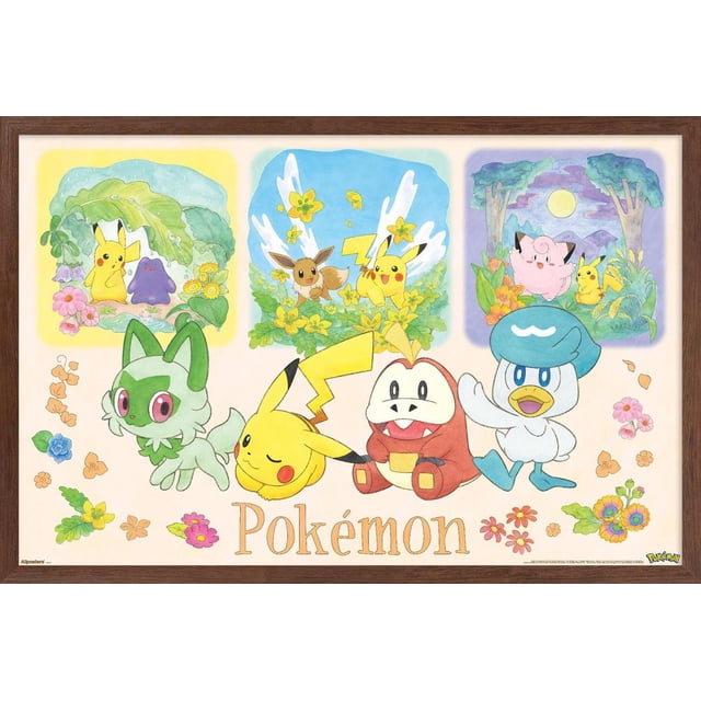 Pokémon : une Scène - Affiche Murale de Groupe, art Mural Encadré 14,725 Pouces x 22,375 Pouces Mettant en Vedette des Personnages Pokémon Colorés Pikachu, Eevee, Goomy, Rowlet et Ducklett Entourés d'Accentations Florales et Trois Petits Panneaux Pittoresques avec Pikachu et Ditto, Eevee et Pikachu, et Clefairy avec Pikachu sous un Ciel au Clair de Lune, Idéal pour la Déco de Chambre et Facile à Accrocher.
