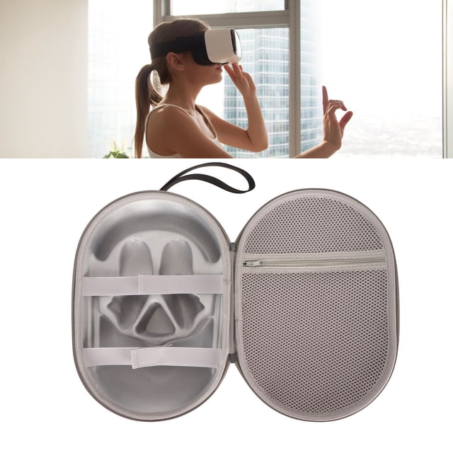Étui Rigide de Transport Vr Conçu pour Meta Quest 3, Montré Ouvert pour Révéler Ses Compartiments Intérieurs. Fabriqué en Matériau EVA durable, Il Comprend une section Moulée pour Tenir en Toute Sécurité le Casque Vr et les Accessoires, Ainsi Qu'une Poche Zippée en Maille pour un Rangement Supplémentaire. l'Étui Comprend des Sangles Élastiques pour une Stabilité Accrue et une Poignée de Transport Pratique. Convient pour Protéger et Transporter les Lunettes Vr et l'Équipement Meta Quest 3.