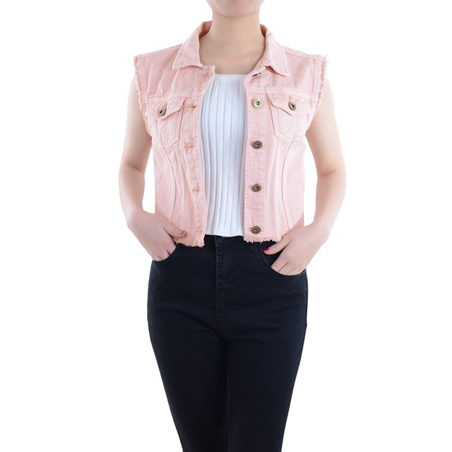 Womens Distressed Denim Button Up Sleeveless Crop Vest, Pink, X-Large