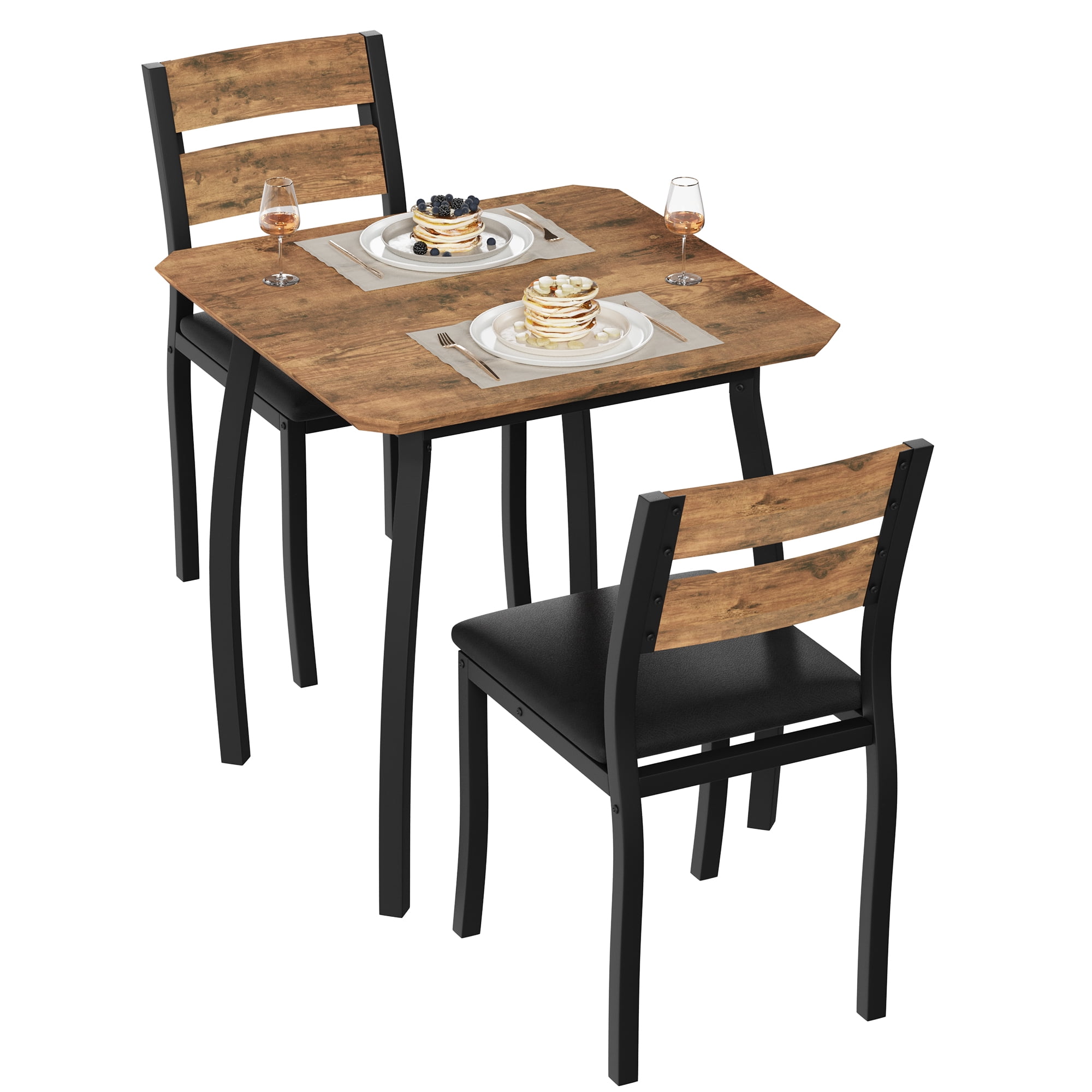 3 Piece Dining Table Set for 2 – Space-Saving Kitchen Table with Metal Frame, Wood Grain Top, Upholstered Chairs – Perfect for Small Dining Room, Apartment, Studio
