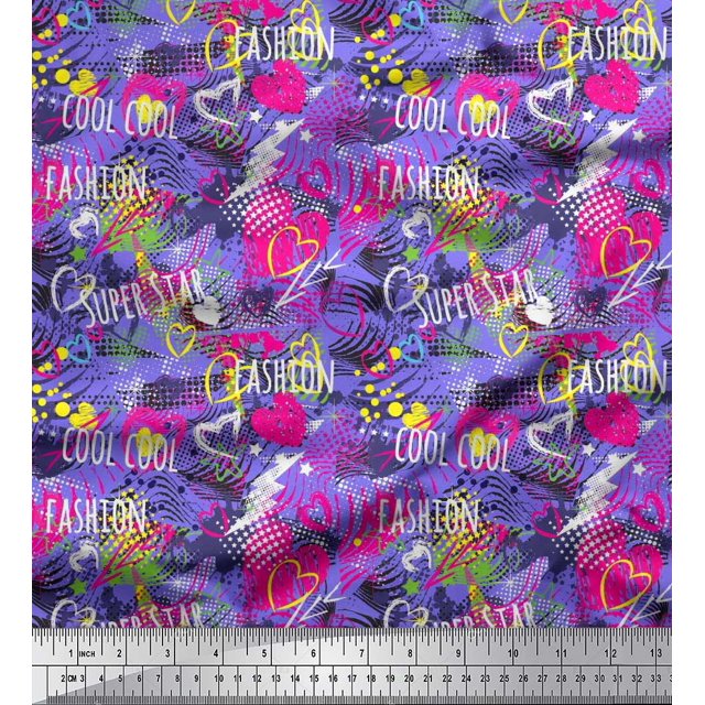 Soimoi Purple polyester Crepe Fabric Heart,Star & Fashion Text Print Fabric by the Yard 42 Inch Wide