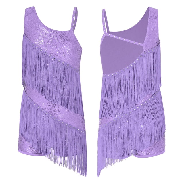 Mufeng Big Girls Latin Rumba Dancing Clothes Samba Tango Competition Modern Jazz Leotards Tassels Dance Dress Lavender 6