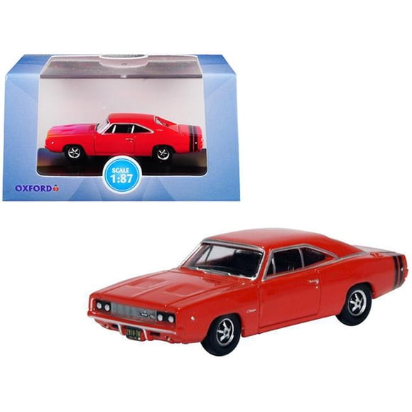 Oxford Diecast 87DC68001 1968 Dodge Charger Stripes 1 by 87 HO Scale Diecast Model Car, Bright Red & Black