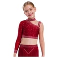 thumbnail image 1 of Manyakai Kids Girls Shiny Rhinestone Jazz Latin Modern Lyrical Dance Crop Tops Irregular Shoulder Burgundy 8, 1 of 7