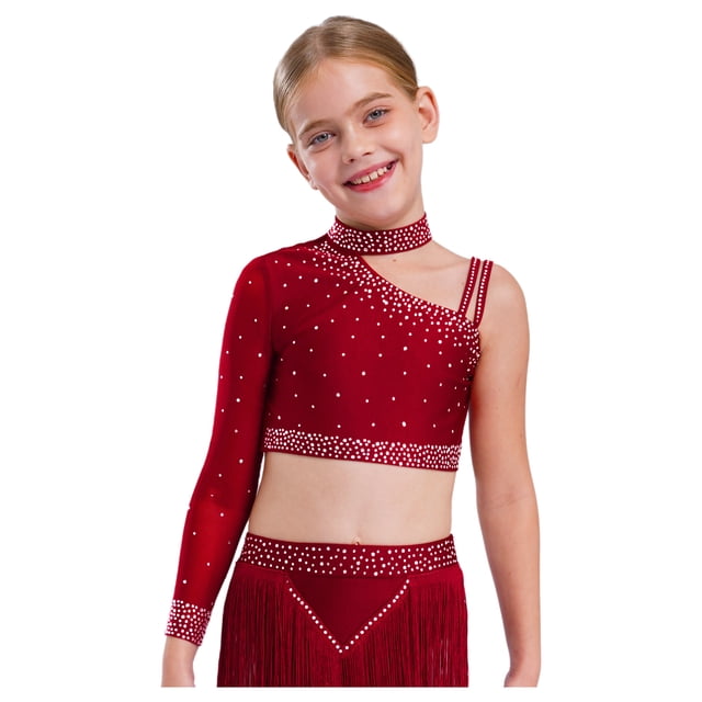 Manyakai Kids Girls Shiny Rhinestone Jazz Latin Modern Lyrical Dance Crop Tops Irregular Shoulder Burgundy 8