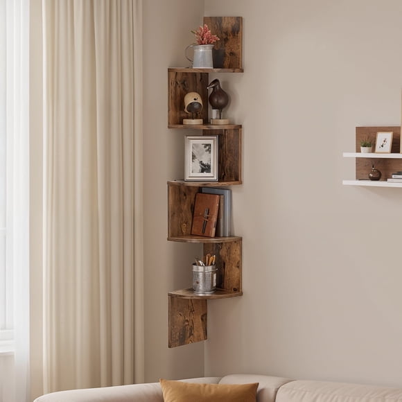 LEDREM Floating Corner Shelf - 5-Tier Wall Mount Bookshelf, Space-Saving Design, 13.2lb Capacity per Shelf, Rustic Brown