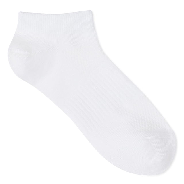 Athletic Works Women's Low-Cut Socks 6-Pack showing a single white low-cut sock with ribbed cuffs and elastic arch support, made from a recycled polyester blend, suitable for casual wear, active days, and gym use.