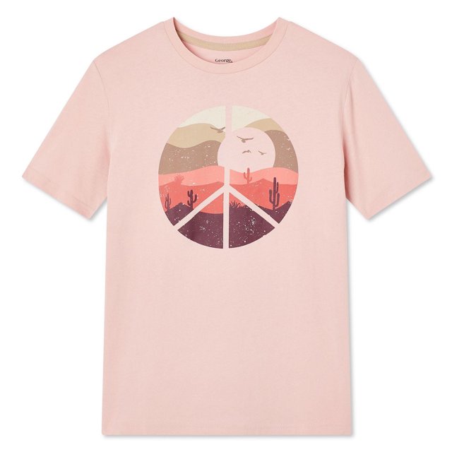 George T-shirt Graphique pour Garçons Rose Pâle avec Imprimé Graphique à l'Avant d'Un Paysage Désertique à l'Intérieur d'Un Signe de Paix, Montrant des Cactus et des Oiseaux. Fait de Tricot jersey 100 % Coton avec Encolure Ras du Cou, Manches Courtes et Ourlet Droit, Convient au Port Décontracté au Quotidien.