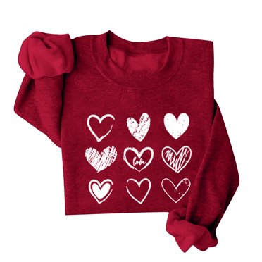 Bmisegm Chandails de la Saint-Valentin pour Women Chandail Graphique Cœur d'Amour Hiver Col Rond Manches Longues Chandails Décontractés pour Women Vin