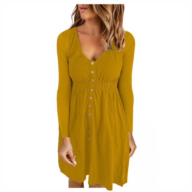 LLYwey Robes Rétro pour Femmes Décontractées Unies Col en U Boutons Manches Longues Robe Taille Nouvelle Robes Midi Jaune G