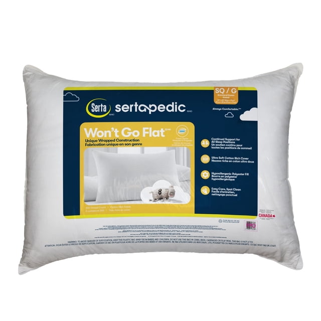 Sertapedic Won't Go Flat Bed Pillow in standard/queen size with breathable cotton-rich 300 thread count cover and hypoallergenic polyester fill, designed to maintain firm support and shape for restful sleep with easy spot cleaning.