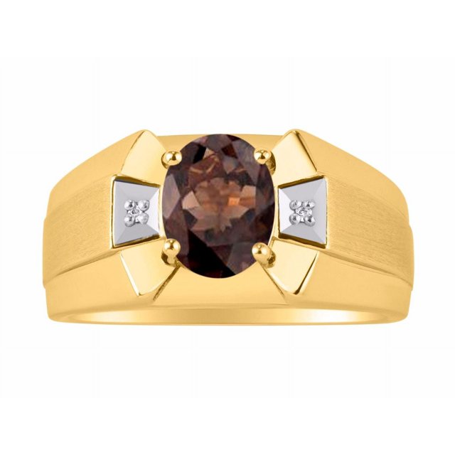 RYLOS Men's Rings 14K Yellow Gold Rings Classic Designer 9X7MM Oval Gemstone & Diamond Ring Smoky Quartz June Birthstone Ring Size 9