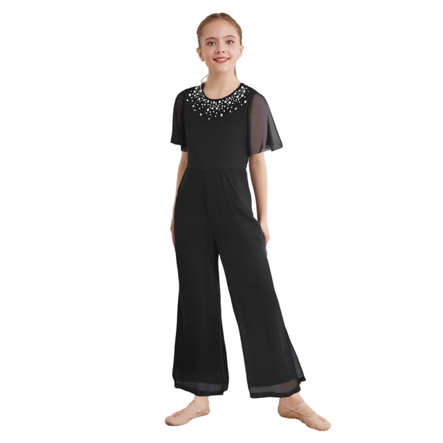 Kvysinly Kids Flower Girls Sparkly Wide Leg Jumpsuits Rhinestone Round Collar Short Sleeve Rompers Pants Black 8