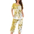 thumbnail image 1 of Pyjama pour Femmes Ensemble Liquidation Ensemble de Pyjama à Manches Courtes pour Femmes 2 Pcs Ensemble de Nuit d'Été Imprimé Floral Boutons Col Ras du Cou Pantacourt Ensembles de Pjs Pyjamas Douillets Nouveau Jaune m, 1 of 5