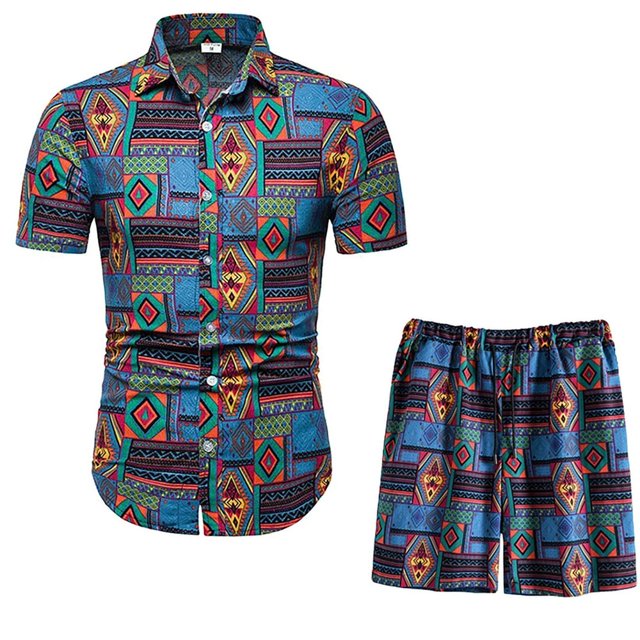 Men‘s Summer 2-Piece Beach Printed Short Sleeve Shirts & Shorts Pants Sets Note Please Buy One Or Two Sizes Larger
