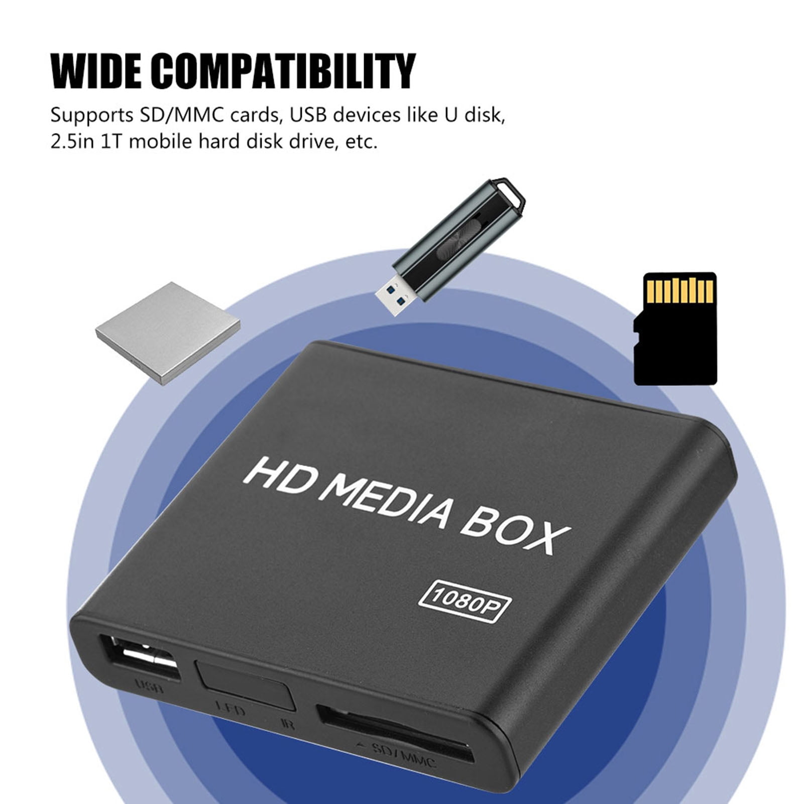 Media Player, Auto Recognition Output HD Media Player Stereo Surrounding Sound Wide Compatibility 110-240V Dataloss Transmission  for Home Office