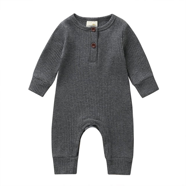 Baby Boy Girl Button Romper One Piece Solid Color Knit Ribbed Jumpsuit