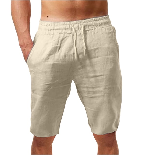 LSLJS Mens Athletic Shorts with Pockets and Elastic Waistband Quick Dry Cotton Linen Shorts