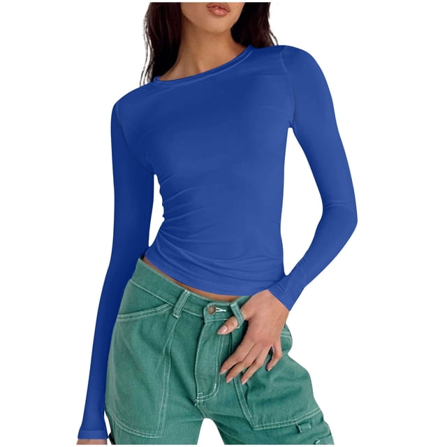 AherBiu Womens Tops Fall Long Sleeve Crewneck Basic Layering Cropped Tops Slim Tight Stretchy Tshirts