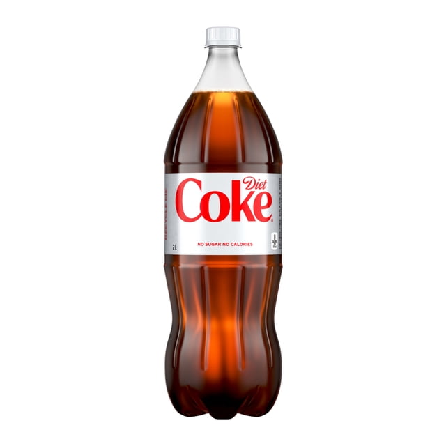 Diet Coke Bottle, 2 Liters, front-facing clear plastic bottle filled with dark brown sparkling soft drink, white label with red Diet Coke logo and text stating no sugar and no calories, white cap, ideal for chilled refreshment or sharing with meals.