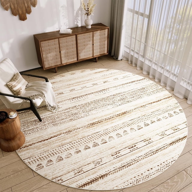 Tapis Rond pour Salon 8x8ft Tapis Boho pour Aire Tapis Lavables à la Machine pour Chambres Garderie Salle à Manger Tapis Rond Marocain Brun Moderne Antidérapant Tapis Rond