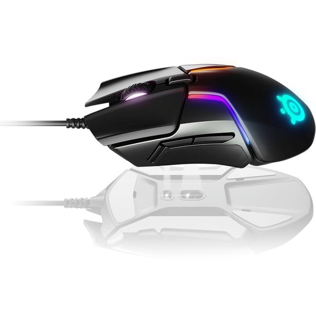 SteelSeries Rival 600 Mouse Doté d'Un Système à Double Capteur pour un Suivi Précis et une Détection de Décollage, Montré dans une Vue de Profil Latéral. la Mouse Comprend des options Personnalisables de Poids et d'Équilibre, un Éclairage RVB et des Poignées Latérales en silicone Durables. Conçu pour les Sports Électroniques et le Jeu avec un Processeur à Bras 32 Bits pour les Paramètres et macros Intégrés.