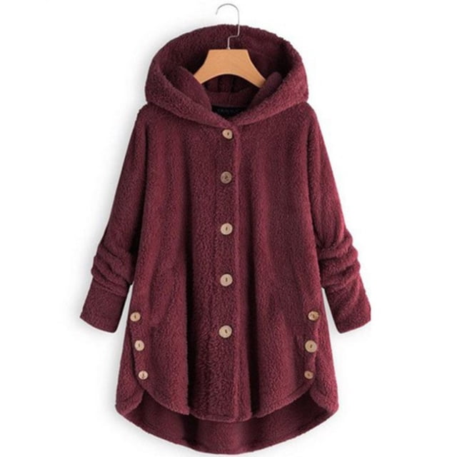 Veste pour Femme Mode à Boutons en Laine Duveteuse à Capuche Coupe Ample Hiver Chaleur Grande Taille