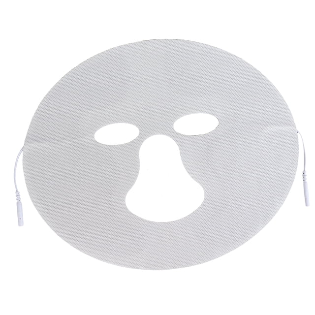Loewten Face Electrode Pad, a professional replacement electrode patch designed for digital pulse massagers. The pad is circular with cutouts for the eyes, nose, and mouth, made of non-woven fabric with a textured surface. It features a 2mm pin port for compatibility with medium and low-frequency electronic physiotherapy machines. Compact and lightweight, suitable for home or professional use.