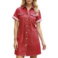 thumbnail image 3 of Sentmoon Robe en Jean pour Femmes avec Poches Manches Courtes Col à Revers Robe d'Été 2026 Couleur Unie Coupe Régulière Extensible Boutonnée avec Fermeture Éclair Denim Plage Grande Taille Robe de Plage Rouge m, 3 of 7