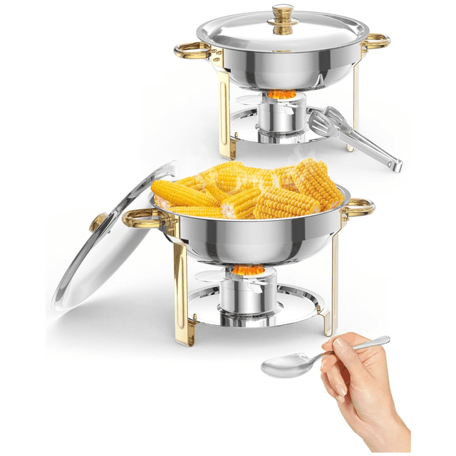 Round Chafing Dishes for Buffet 2, 4, 6 Pack, 5QT Stainless Steel Buffet Servers and Warmers, Serving Food Warmer with Lid, Spoon and Tweezers Complete Set for Catering, Parties