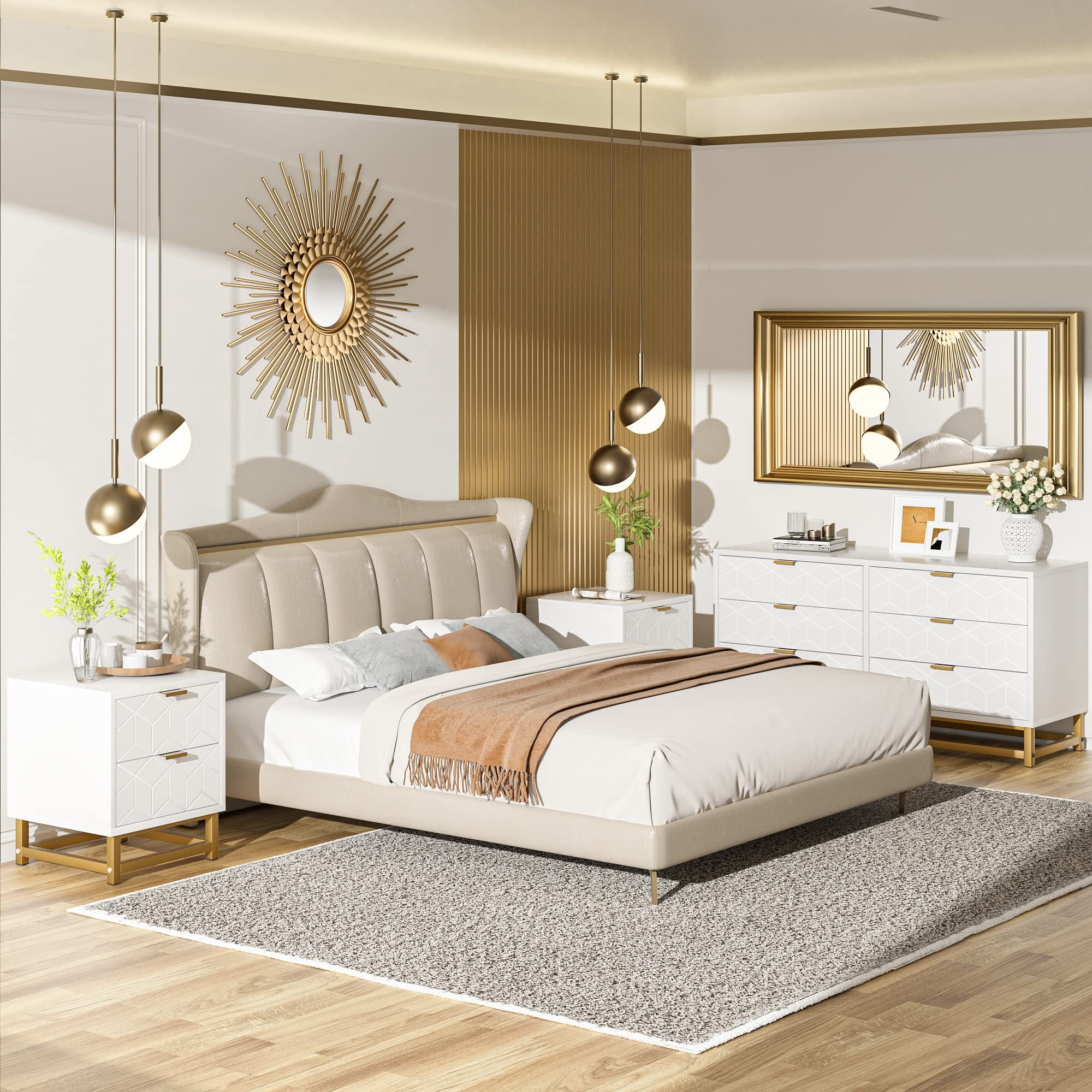 5 Dresser for Bedroom, 34.5" Modern Fluted with Storage, Dresser Chest of Drawers with Gold Handles for Bedroom, Living Room, Closet,White