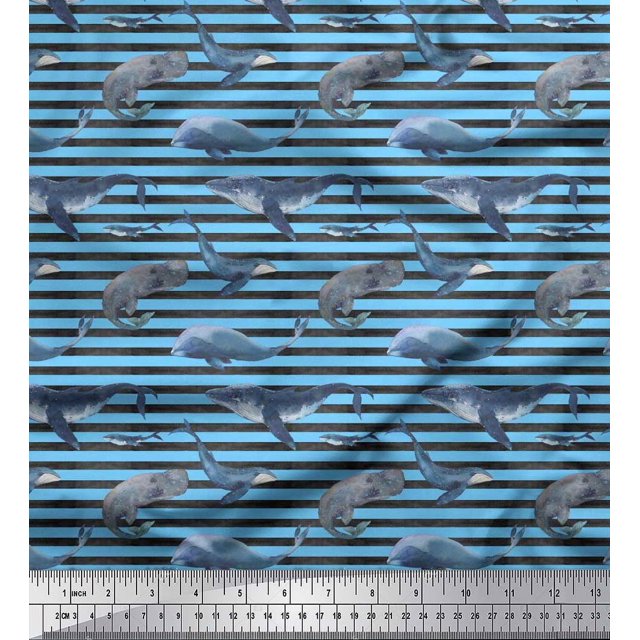 Soimoi Polyester Crepe Fabric Stripes & Whale Fish Ocean Print Sewing Fabric Yard 42 Inch Wide