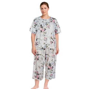 Hitime Silk Women's Pajamas Set, Short Sleeve Button Down Top with Cropped Pants, Breathable Ultra Soft Nightwear Loungewear, Size L