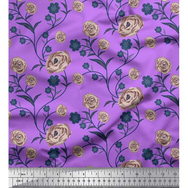 Soimoi Tissu Poly Georgette Feuilles & Roses Imprimé Floral 1 Yard 42 Pouces de Large