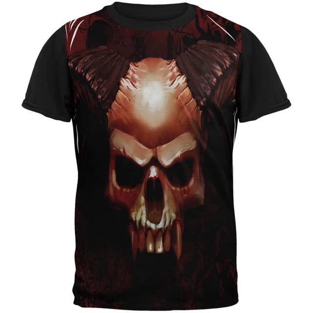 Halloween Horned Demon Skull From Hell All Over Mens Black Back T Shirt