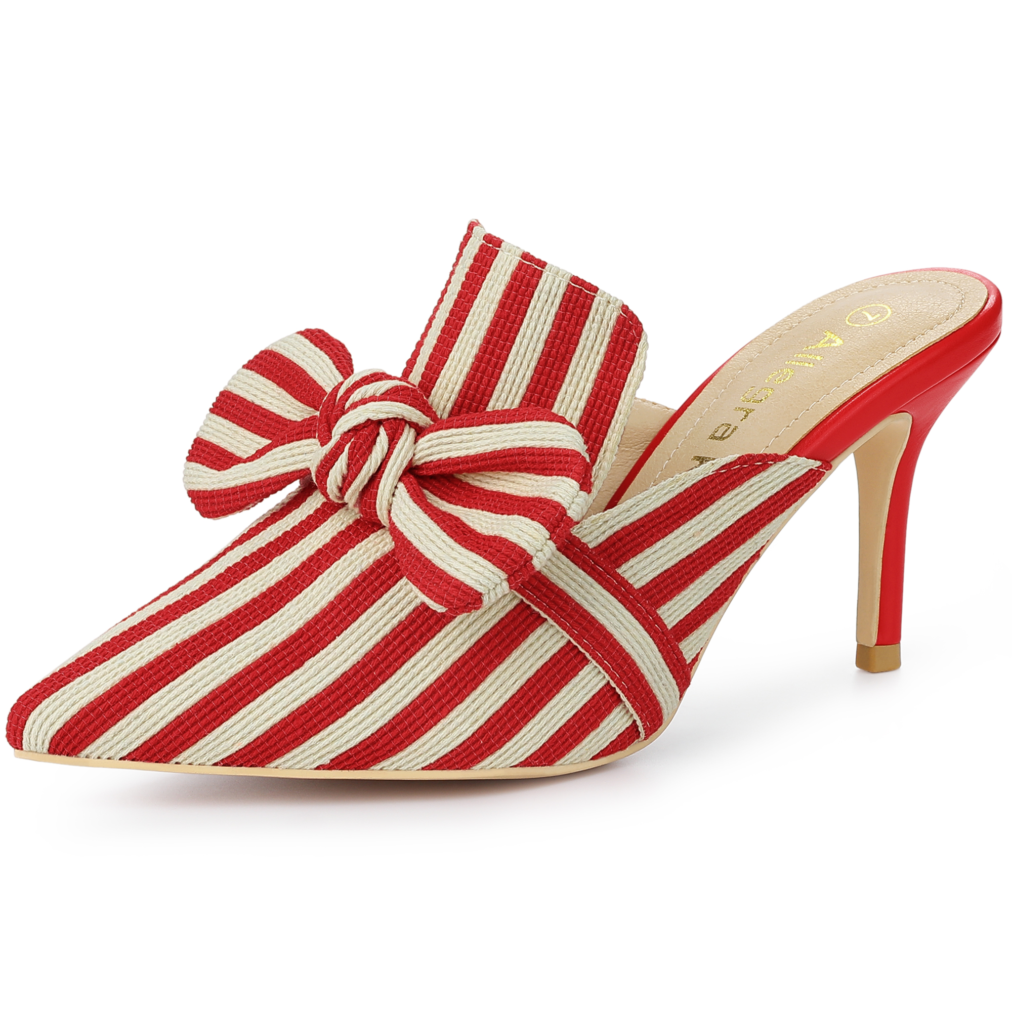 BLISSFUL STEP Mules à Talon Aiguille pour Femmes Bout Pointu Rayure Nœud à Enfiler Chaussures Habillées Rouge 10