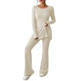 thumbnail image 1 of Women's Two Piece Knit Tracksuit - Crew Neck Tee & Wide Pants, Polyester Spandex, Slit Hem, Casual Matching Set, 1 of 3