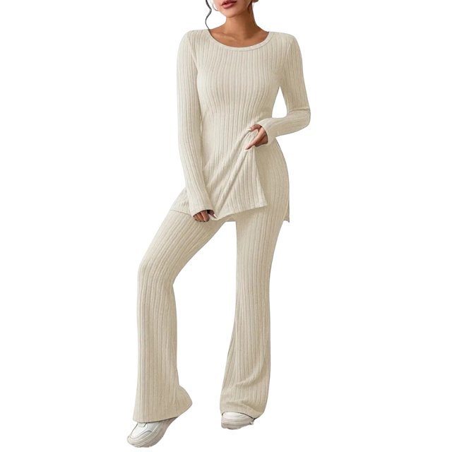 Women's Two Piece Knit Tracksuit - Crew Neck Tee & Wide Pants, Polyester Spandex, Slit Hem, Casual Matching Set