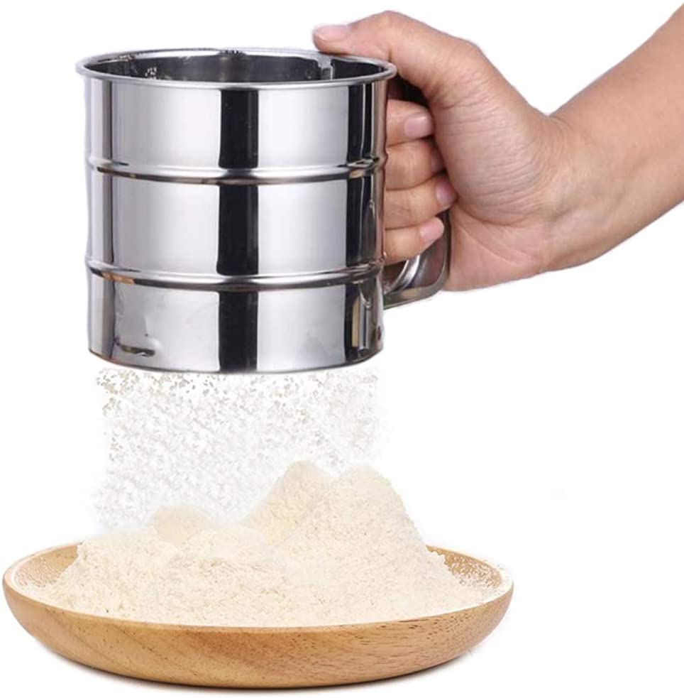 Flour and powdered sugar sieve, with handle, stainless steel, silver