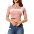 thumbnail image 1 of INSPIRE CHIC Haut Court Ajusté en Velours à Manches Courtes Décontracté pour Femme, Mignon, Col Rond, m Rose, 1 of 6