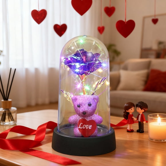 Costeam Figurine Cœur d'Ours Rose Préservée de la Saint-Valentin 8,5 X 15,5 cm, Ornement de Fleur Éternelle pour Cadeau et Déco Maison, Accessoire Romantique