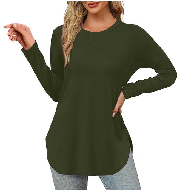 Pisexur Hauts pour Femmes Décontractés Col Rond T-Shirts Couleur Unie Été Classique Manches Longues Tuniques Tendance Blouses Automne