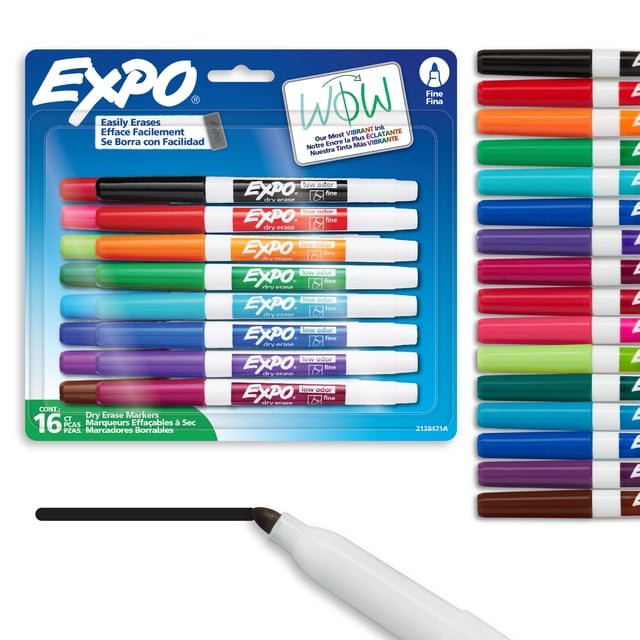 EXPO Dry Erase Markers, Low Odour Ink, Fine Tip, Assorted Colours, 16 Count, featuring a blue blister pack with eight markers in black, red, orange, green, blue, purple, and pink, plus eight loose markers arranged vertically, and a close-up of a black marker drawing a fine line, designed for whiteboards and other non-porous surfaces, suitable for detailed writing, presentations, and planning.