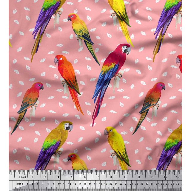 Soimoi Pink Moss Georgette Fabric Macaw Parrot Bird Decor Fabric Printed Yard 44 Inch Wide
