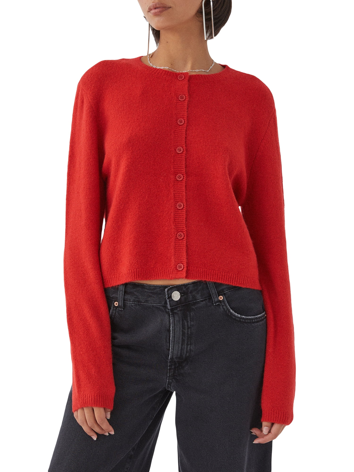Gupgi Solid Color Knitted Cardigan for Women Button Front Sweaters Casual Crew Neck Long Sleeve Knit Tops