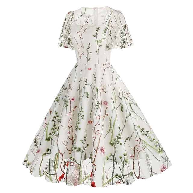 Robe d'Été pour Femmes 2024 Mode Grande Taille Robe de Soirée Brodée Manches Courtes Col Ras du Cou Robe Rabais de 50 % Liquidation!